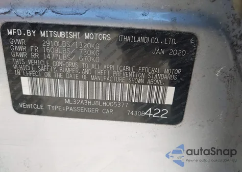 2020 Mitsubishi Mirage Es from USA, damaged, VIN ML32A3HJ8LH005377
